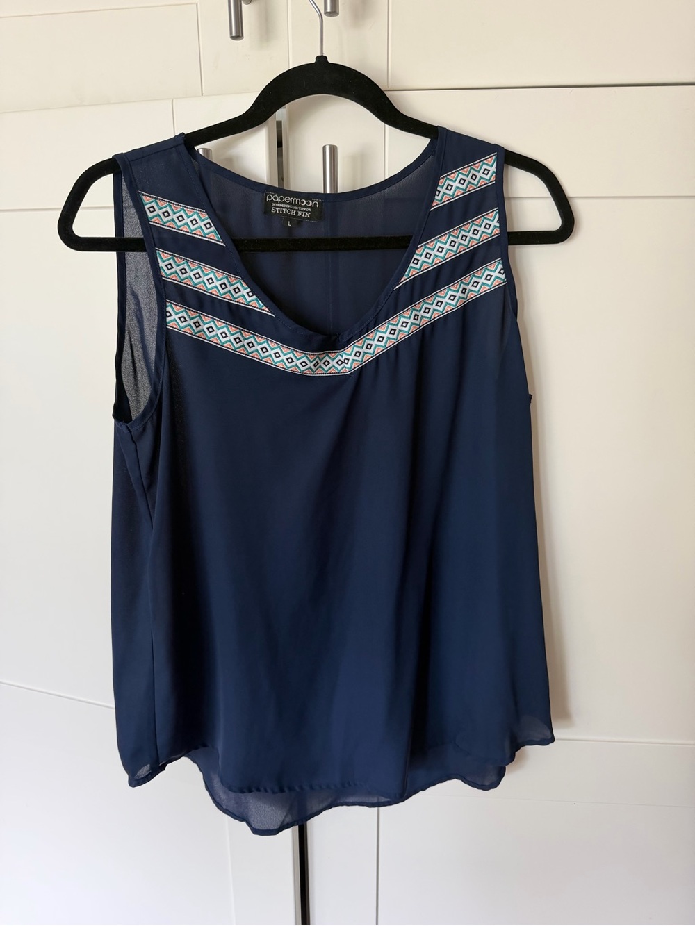 Papermoon Navy Sleeveless Tank with Geometric Embroidery